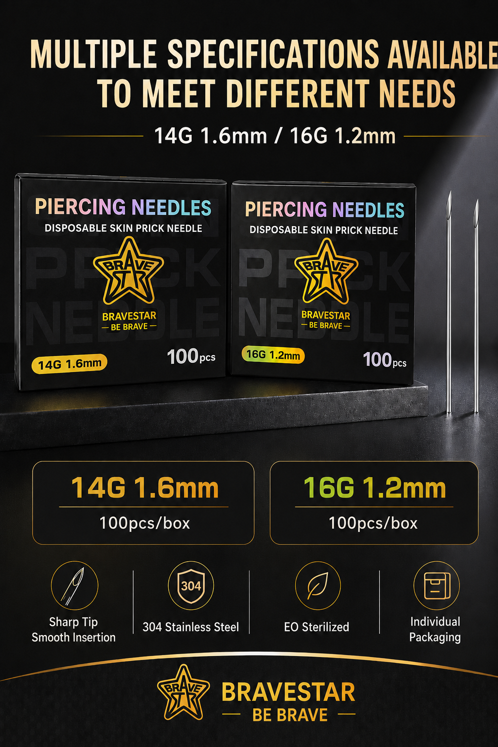 BraveStar Piercing Needles 100 Pcs
