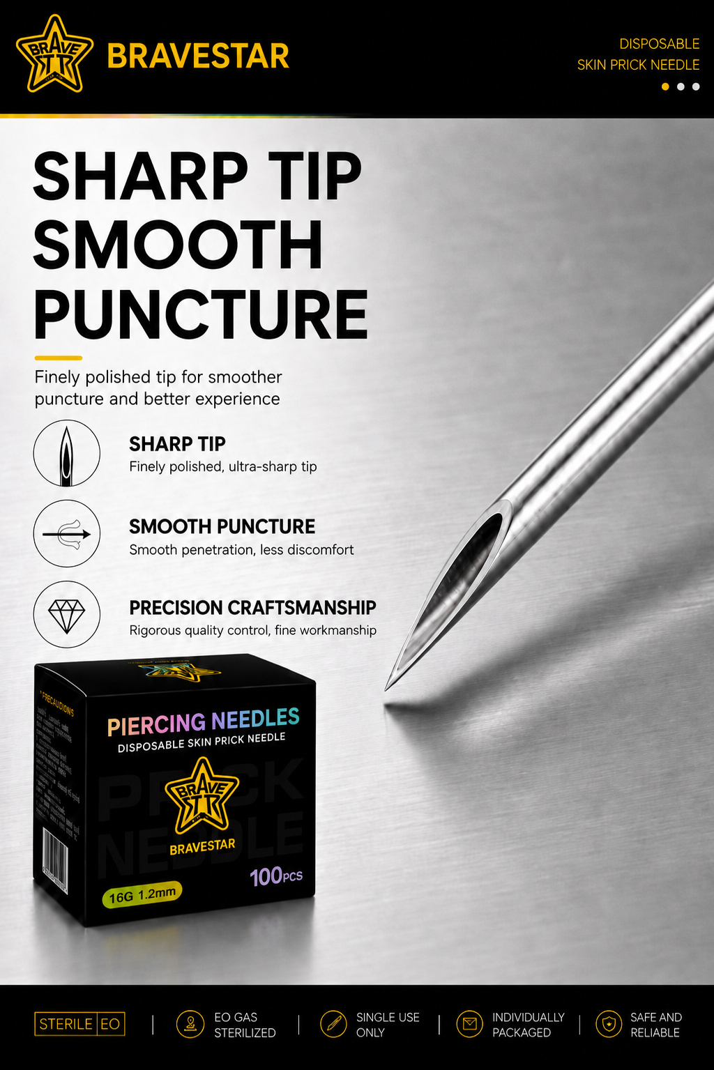 BraveStar Piercing Needles 100 Pcs