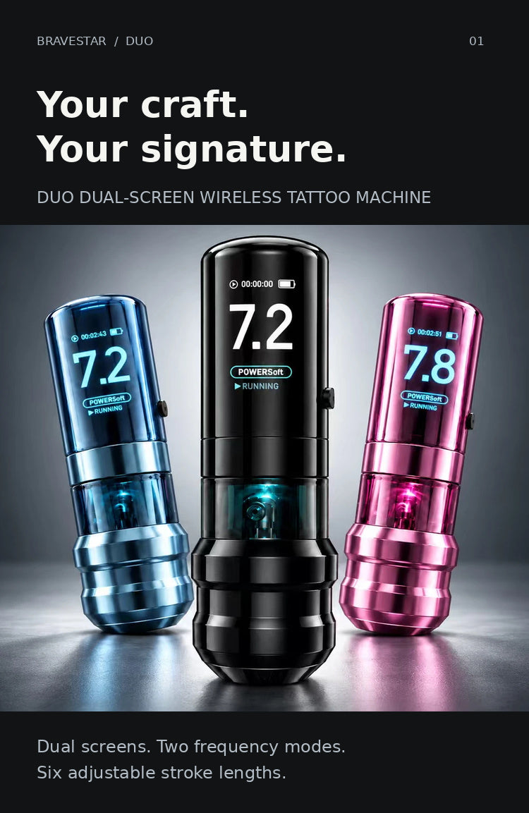 BRAVESTAR DUO dual-screen wireless tattoo machine in Blue, Black and Pink Purple