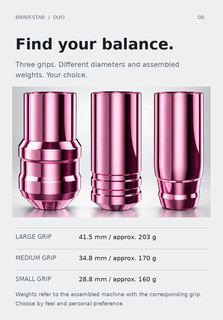 BRAVESTAR DUO — Three grip diameters and corresponding assembled weights