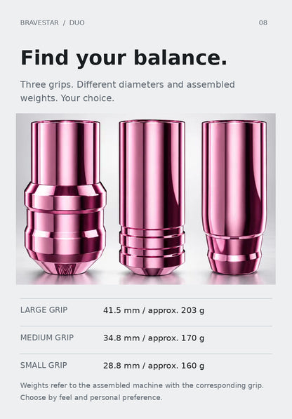 BRAVESTAR DUO — Three grip diameters and corresponding assembled weights
