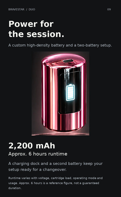 BRAVESTAR DUO — 2200 mAh battery with approximately six hours reference runtime